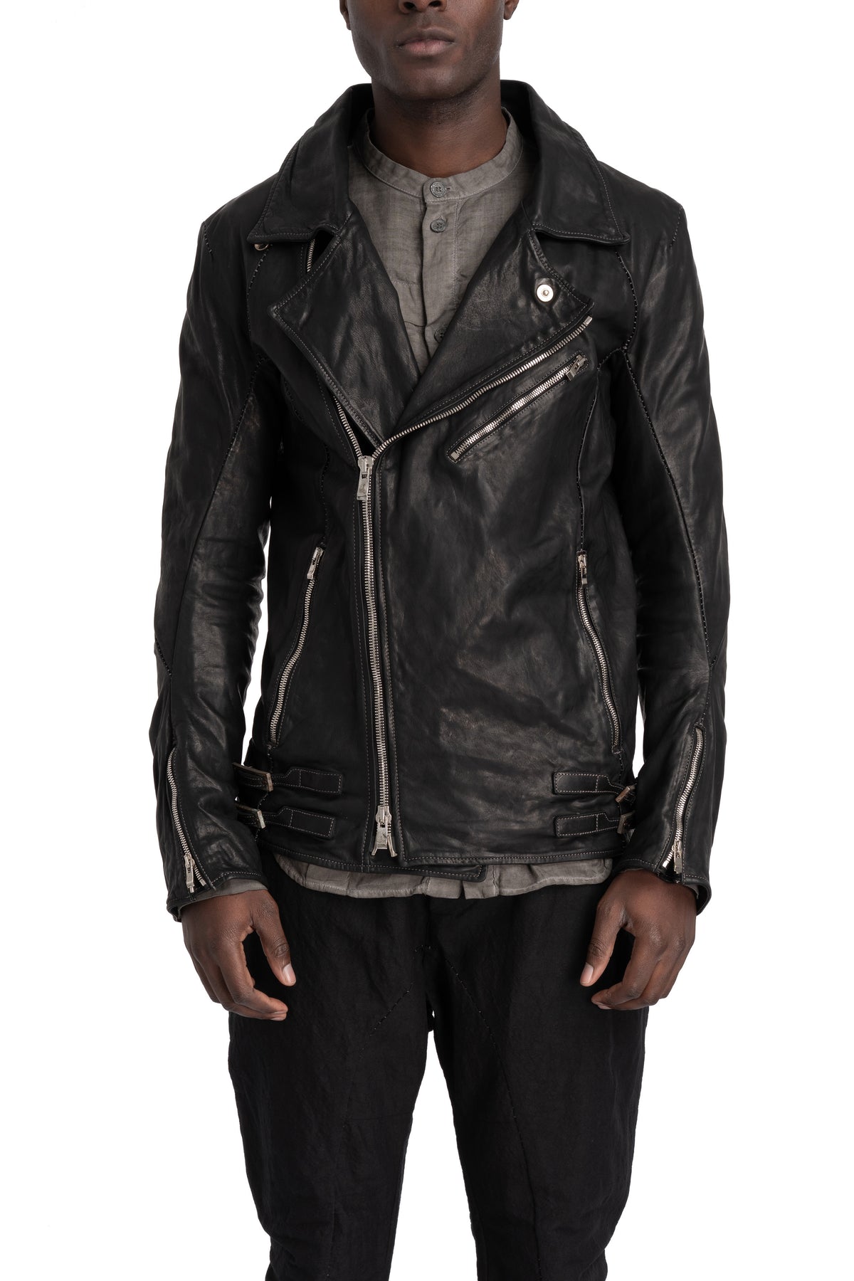 Incarnation | Scar stitch leather biker jacket, Deep black 11-41587S