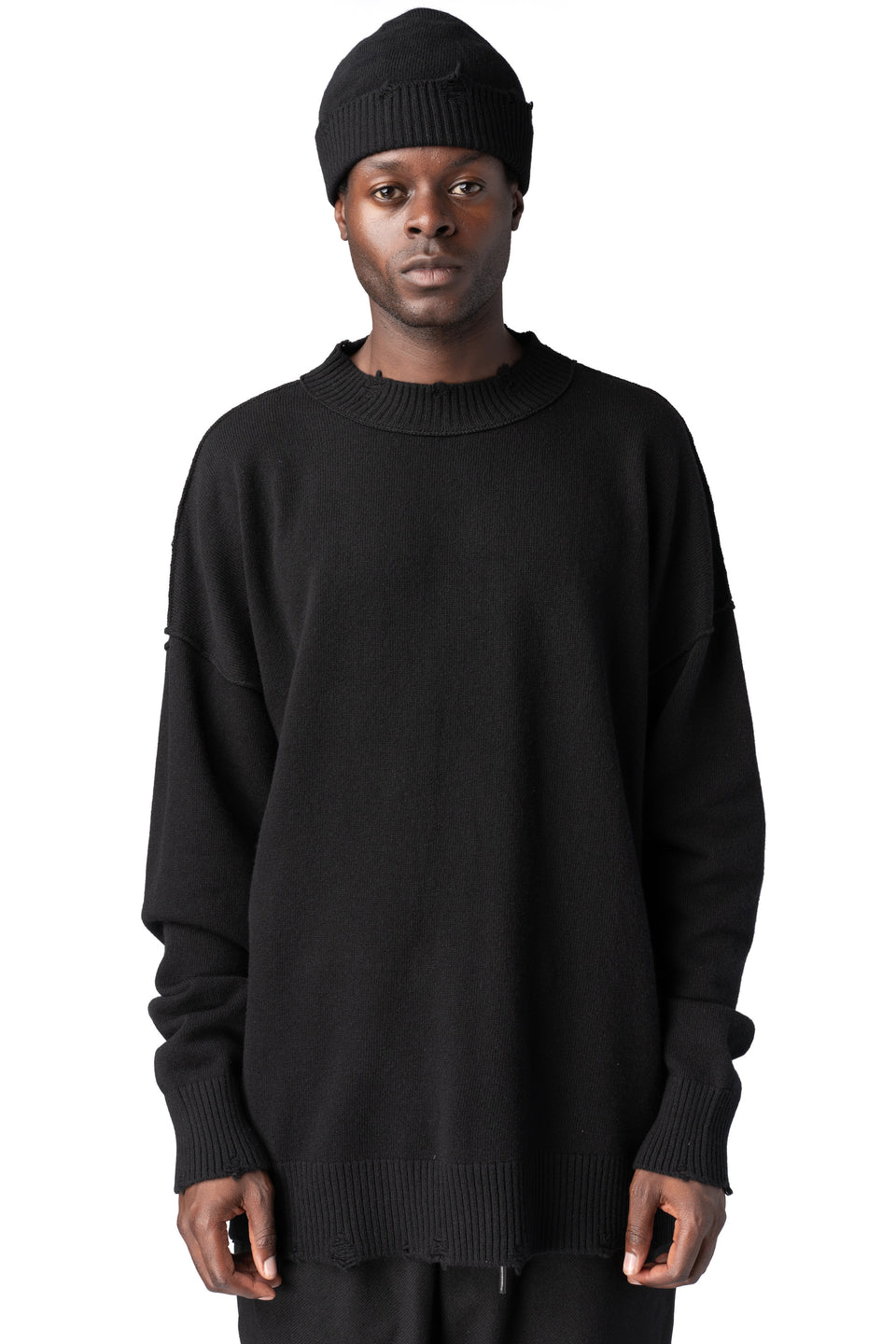 Destroyed knitted cashmere wool beanie, Black
