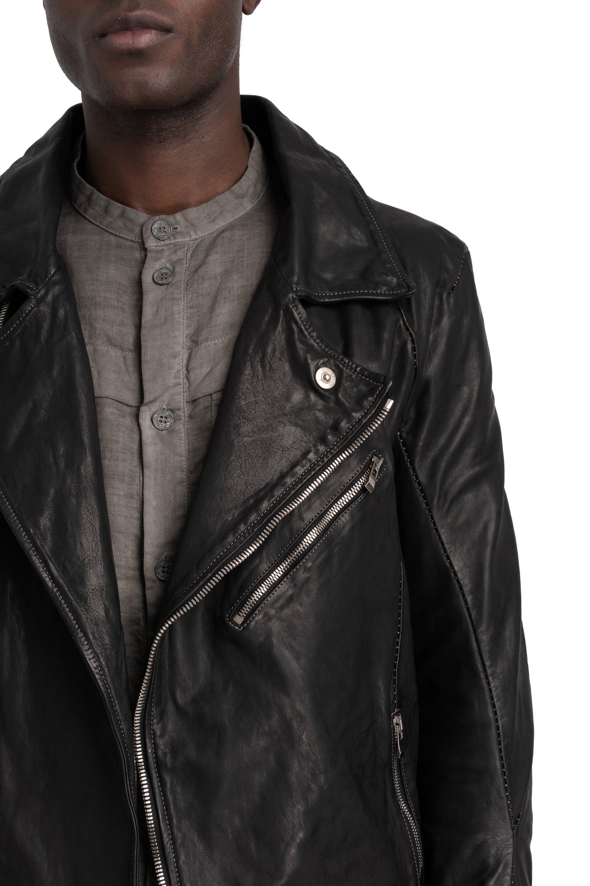 Incarnation | Scar stitch leather biker jacket, Deep black 11-41587S