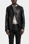Collarless curved zip leather jacket