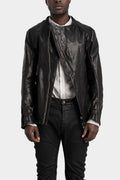 Collarless curved zip leather jacket