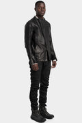 Collarless curved zip leather jacket