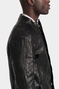 Collarless curved zip leather jacket