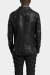 Collarless curved zip leather jacket