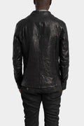 Collarless curved zip leather jacket