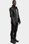 Standing collar double pocket leather jacket