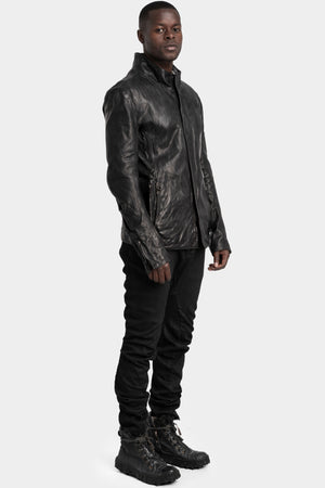 Standing collar double pocket leather jacket