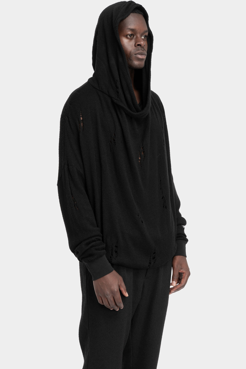 Draped hooded knit sweater
