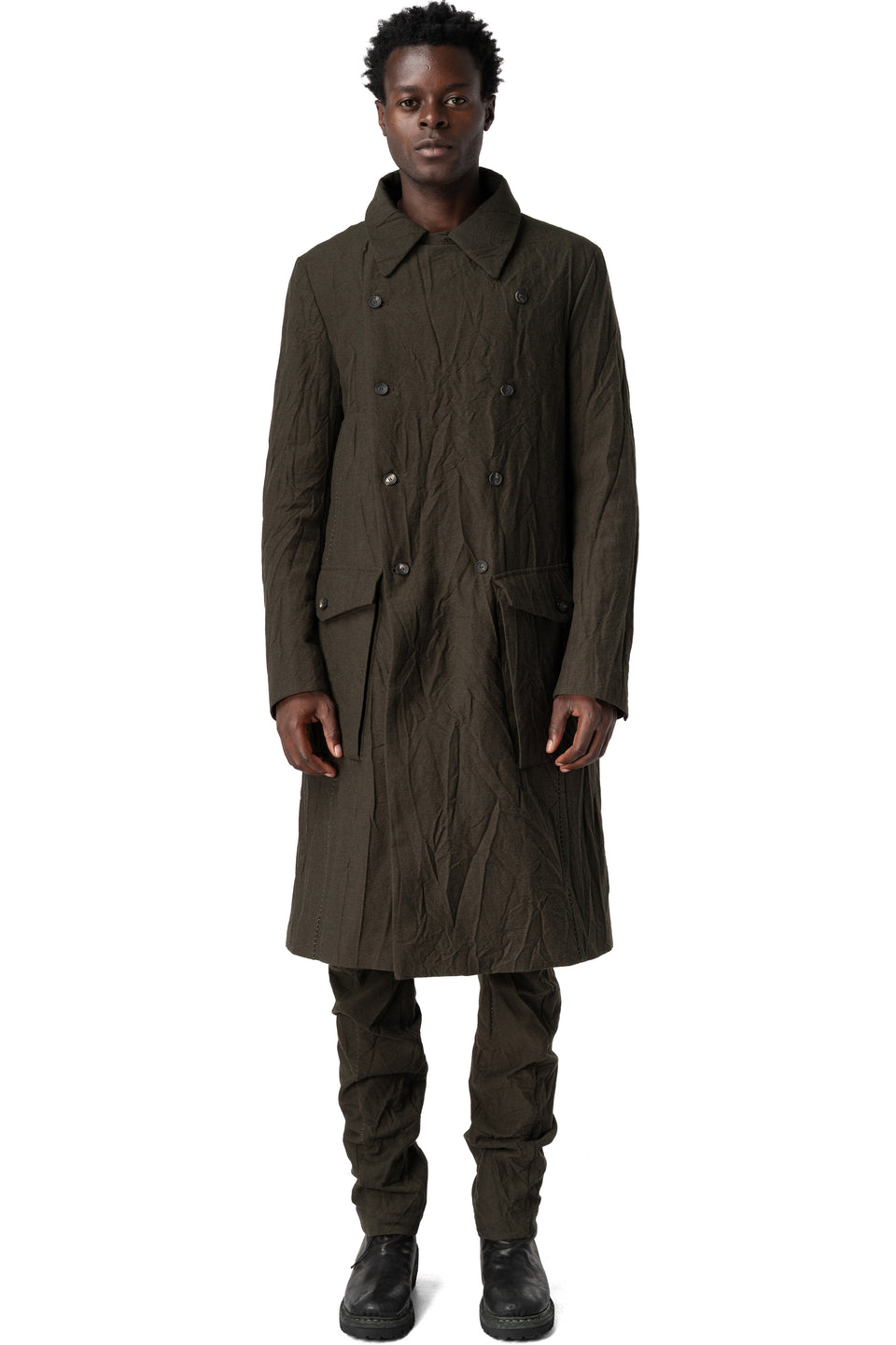 Double-breasted crushed wool and linen pocket coat, Mocha