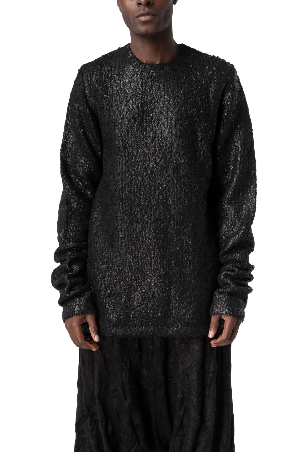 Long coated bouclé knit sweater, Black