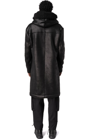 Faux sheepskin hooded coat, Black