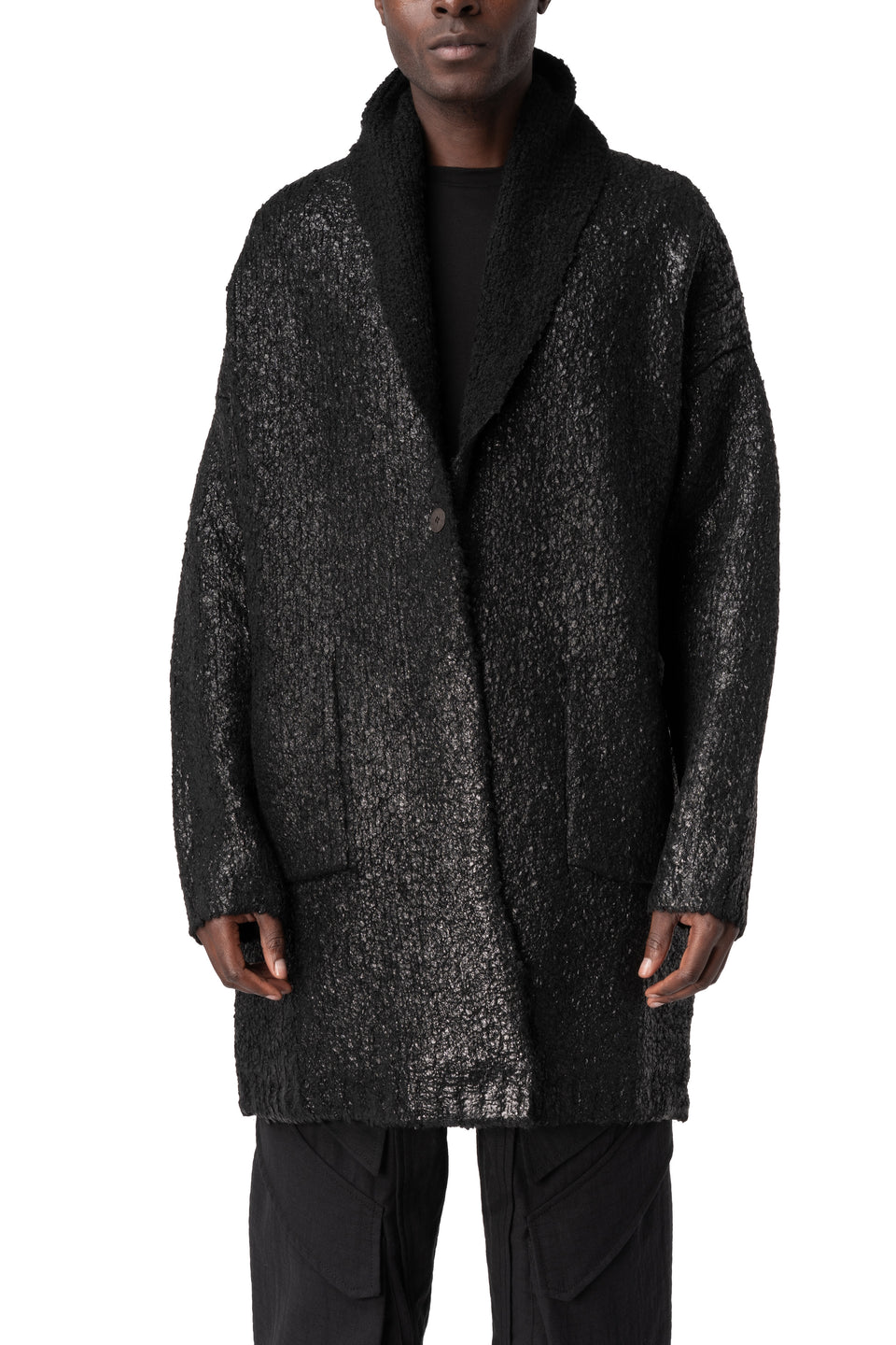 Reversible coated bouclé knit coat, Black