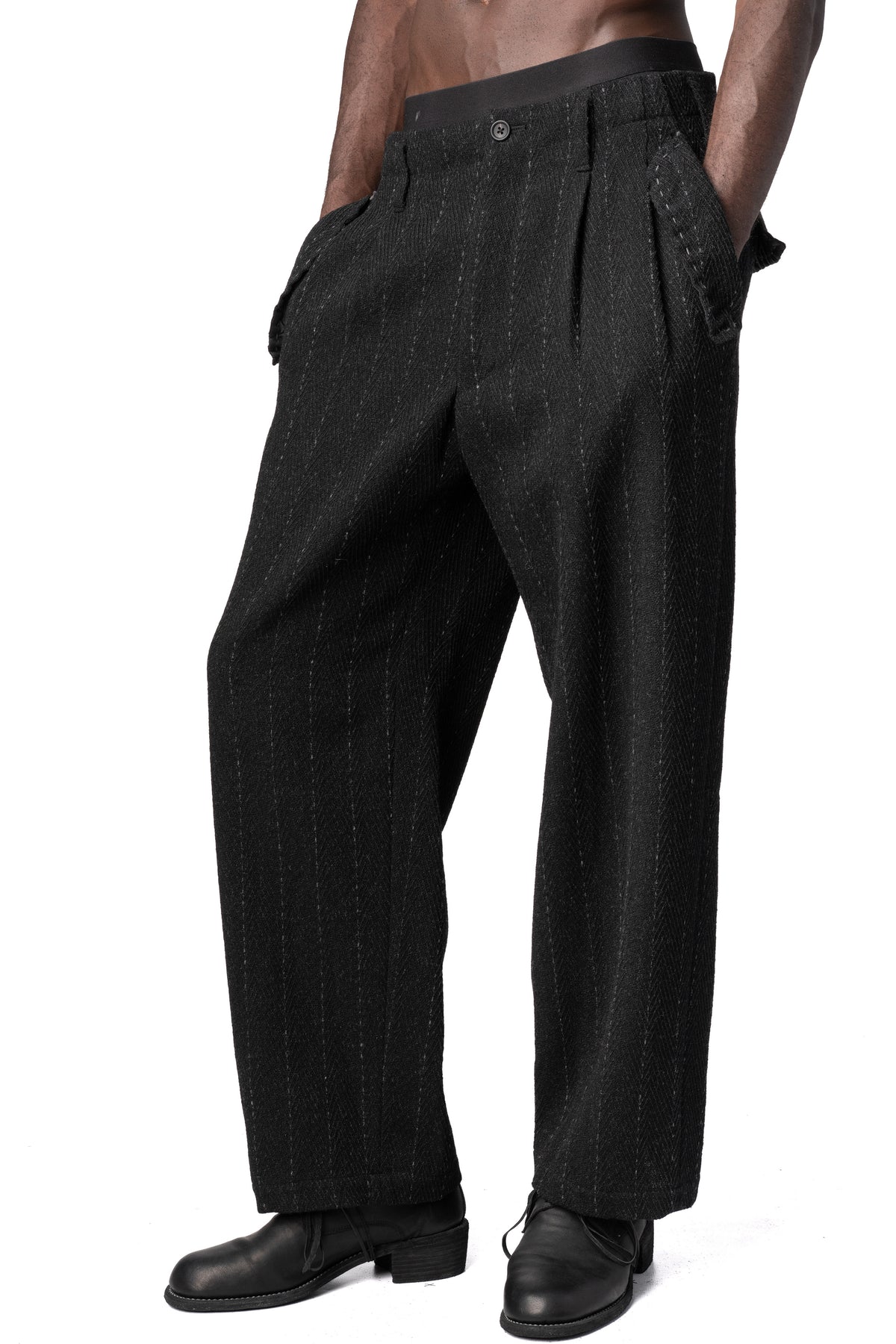 Y's Yohji Yamamoto | AW26 - Hand stitch flap pocket wool tweed pants, Black MW-P21-106