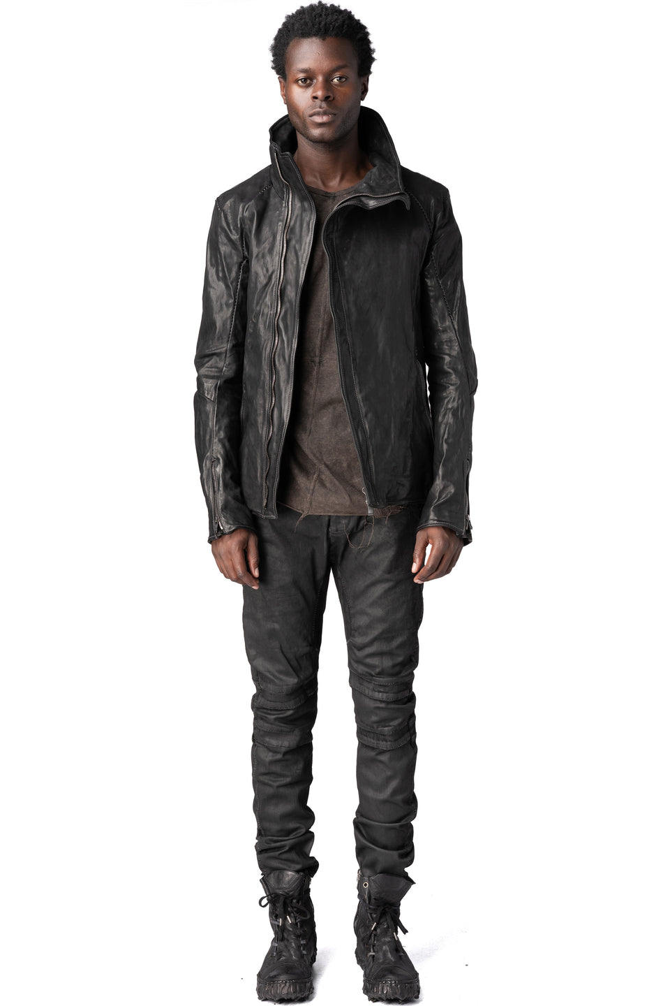 Horse leather high collar jacket, Black