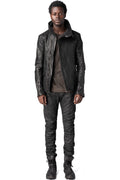 Horse leather high collar blouson, Black