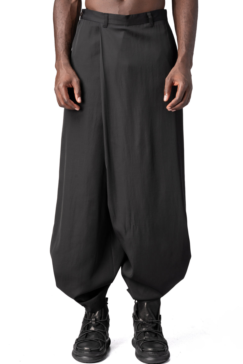 Wrap panel draped trousers, Black