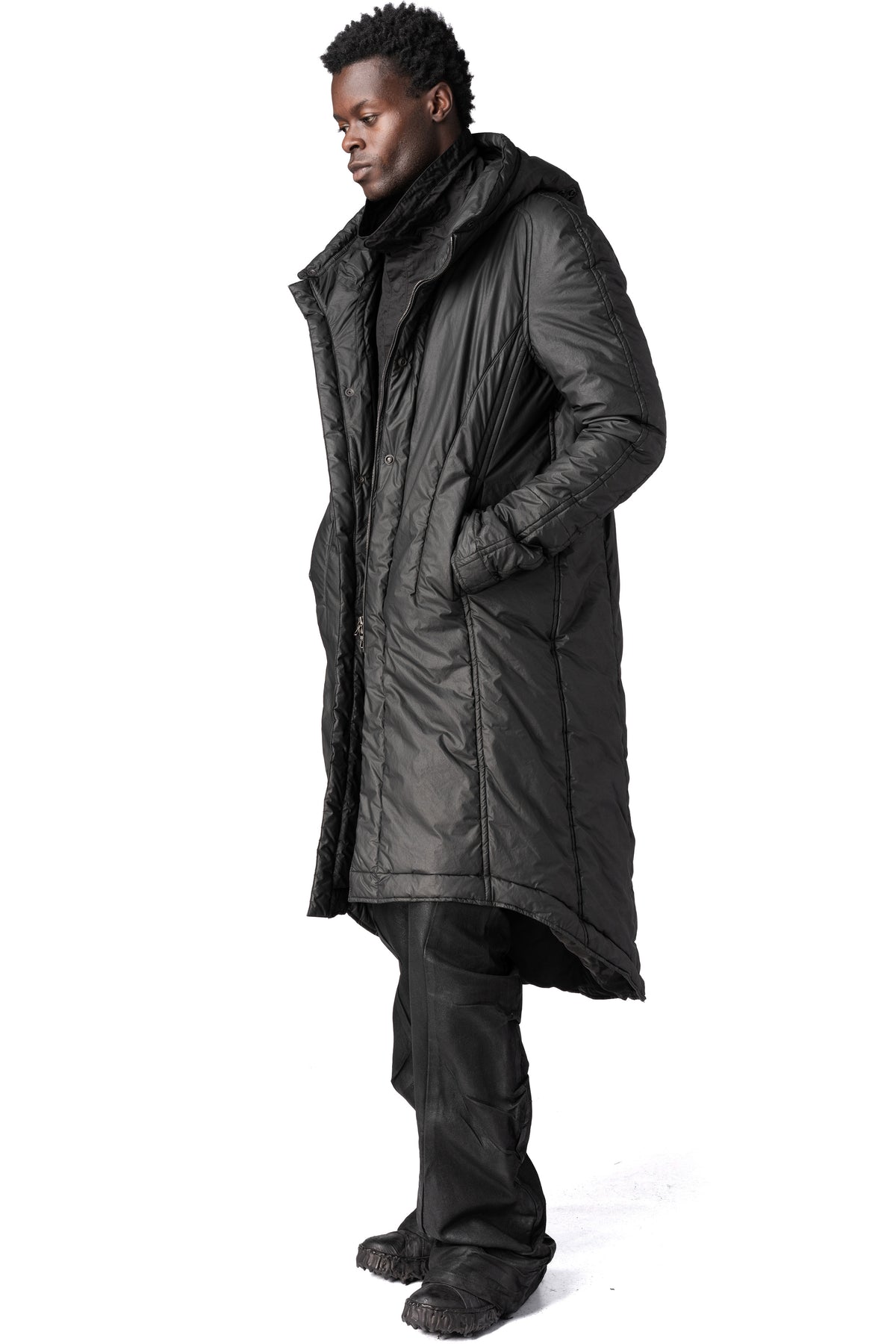 Julius_7 | AW26 - Hooded coated long coat, Black 957COM2