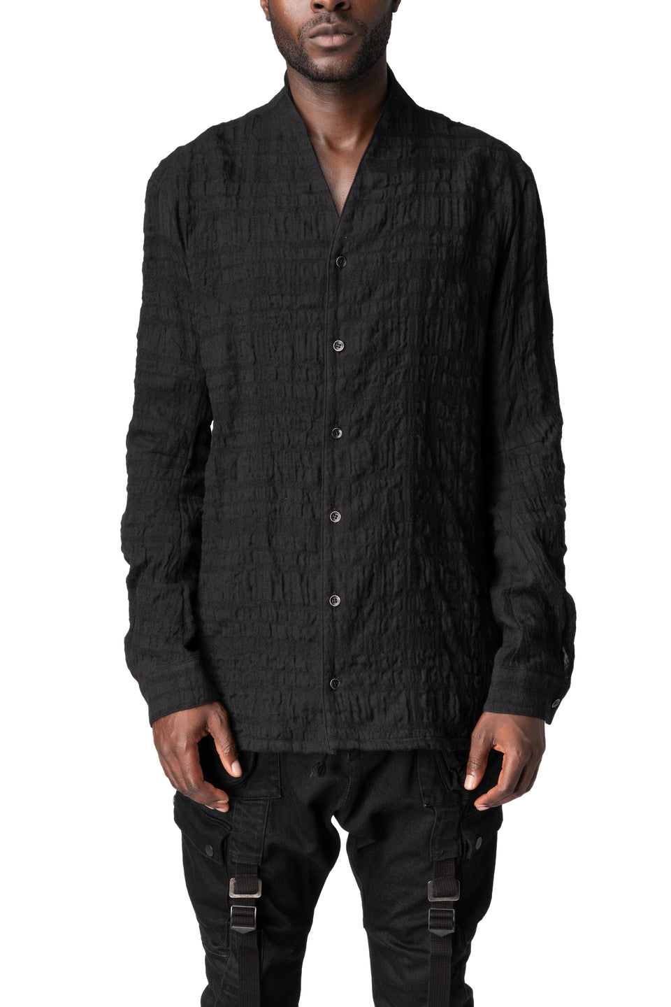 Shadow check shawl collar shirt, Black