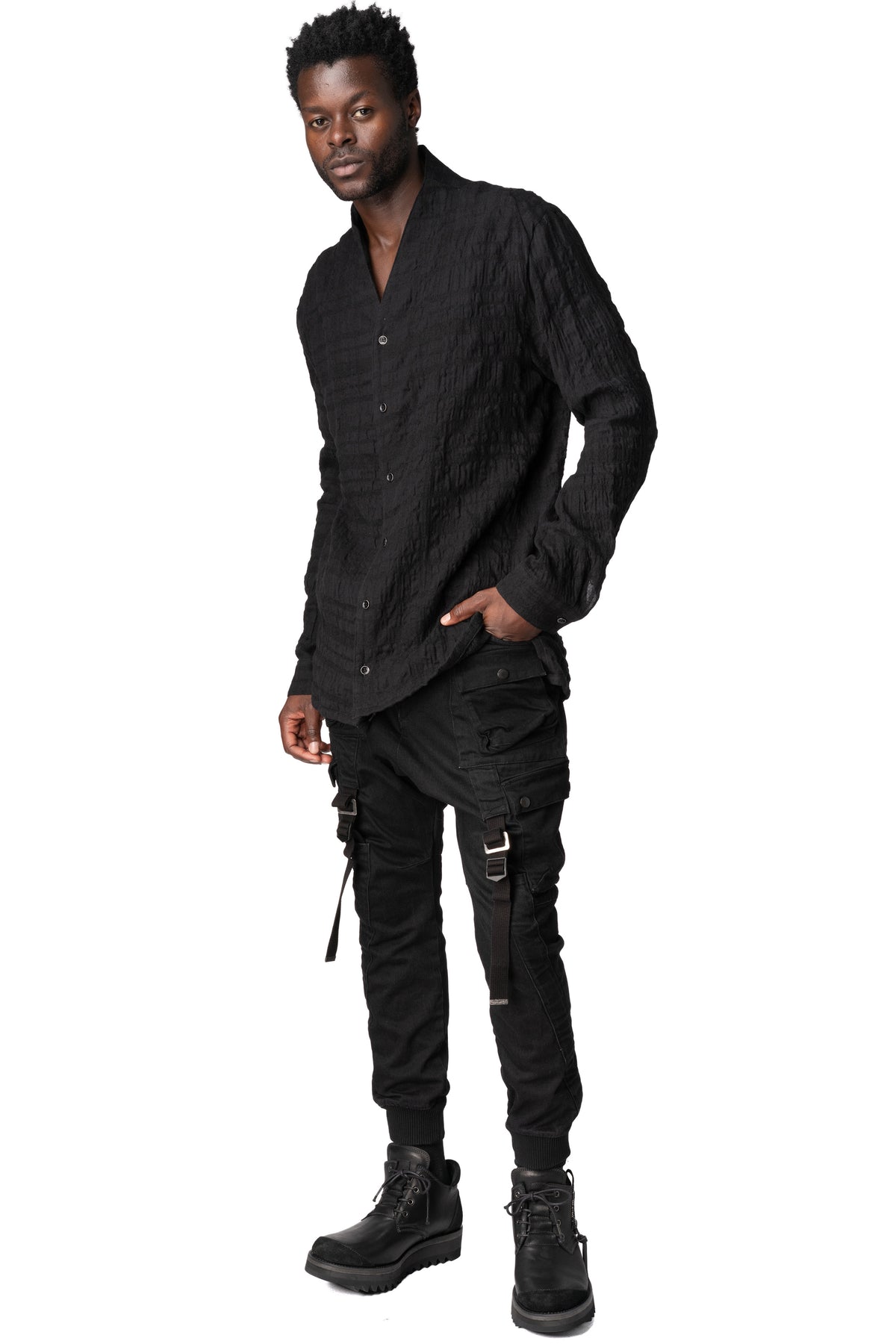 Shadow check shawl collar shirt, Black