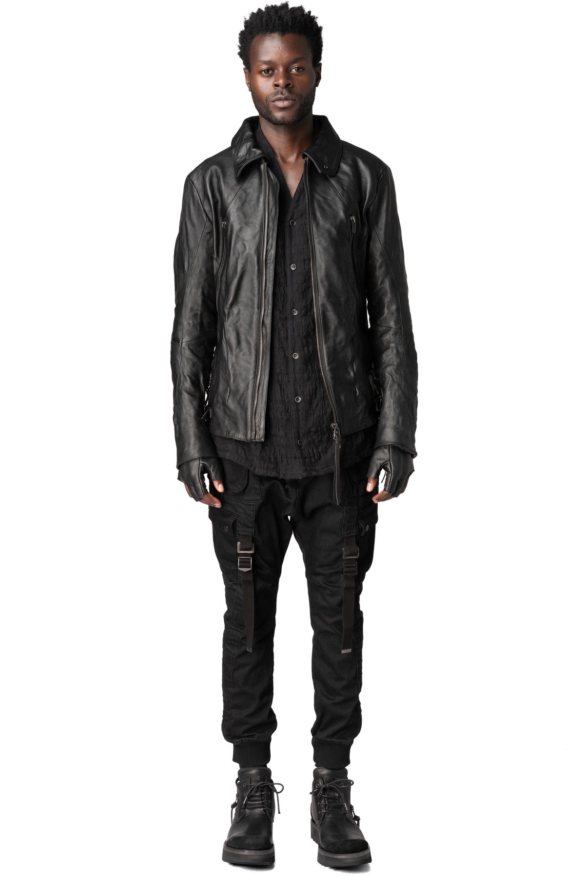 Horse leather jacket with detachable collar and gloves, Black