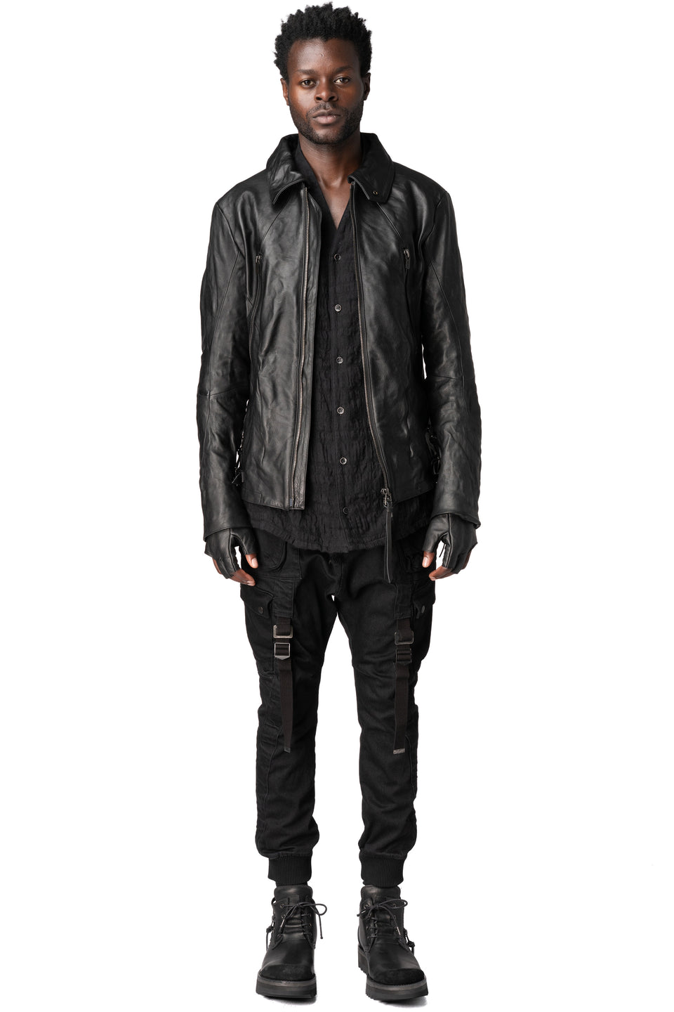 Horse leather jacket with detachable collar and gloves, Black
