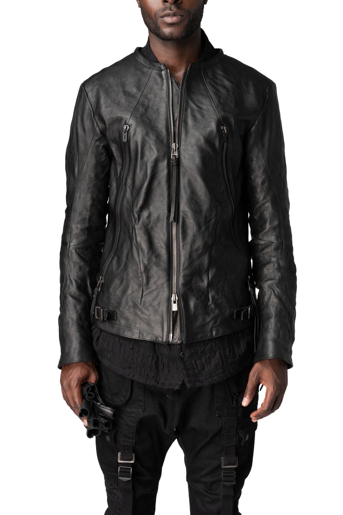 Horse leather jacket with detachable collar and gloves, Black
