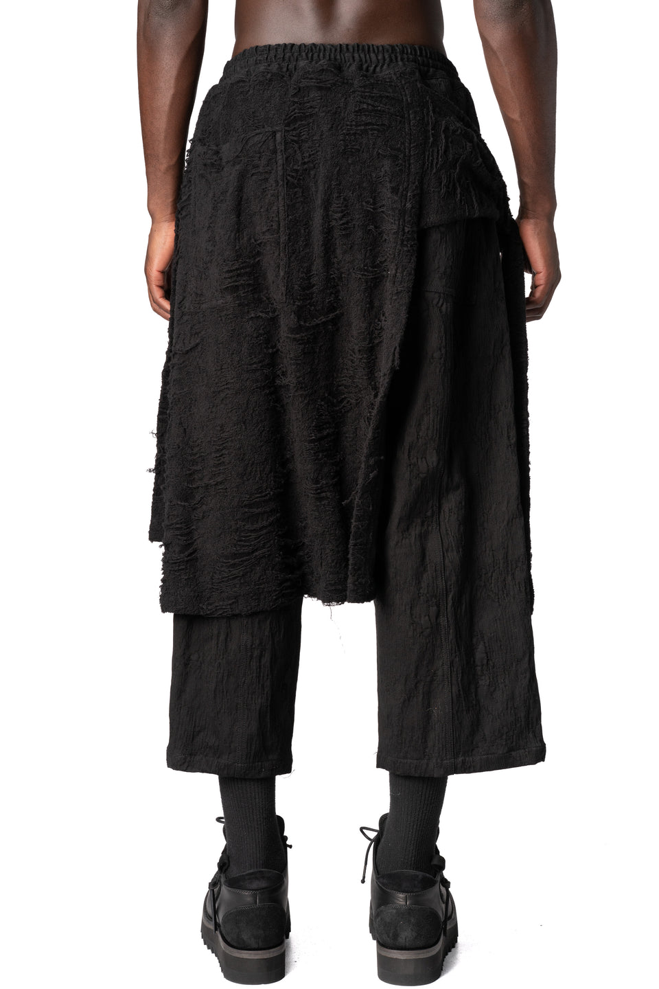 Distressed jacquard apron-front wide-leg cropped trousers, Black