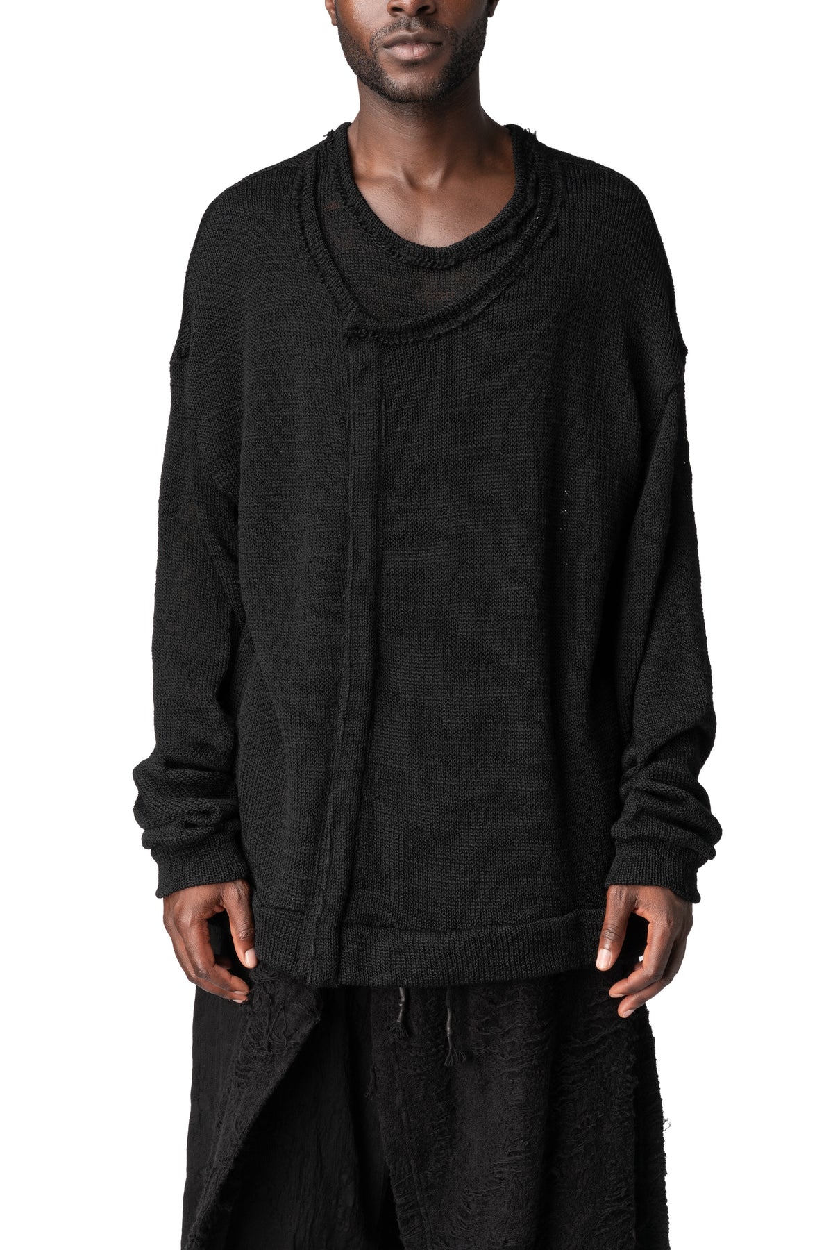 Wool knit double front sweater, Black
