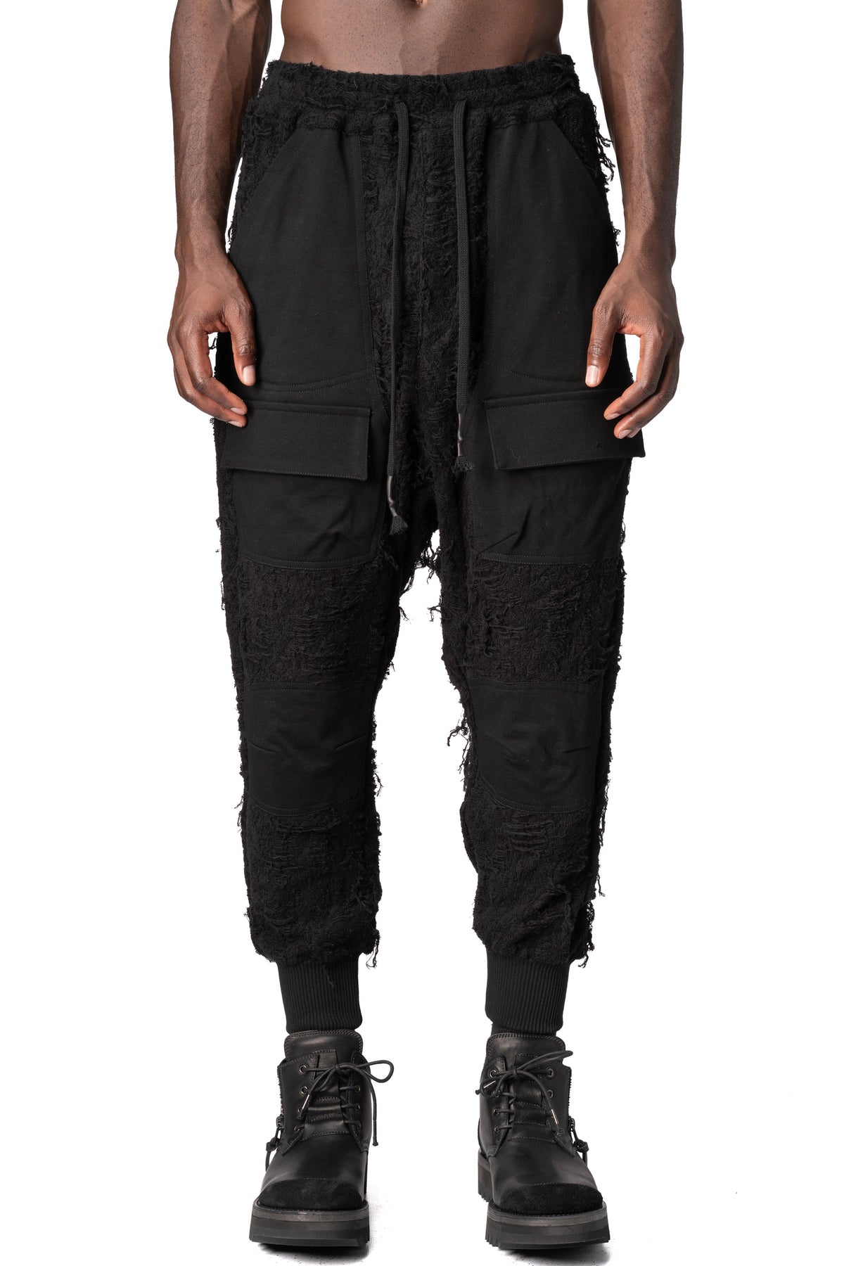 Distressed pile jogger trousers, Black
