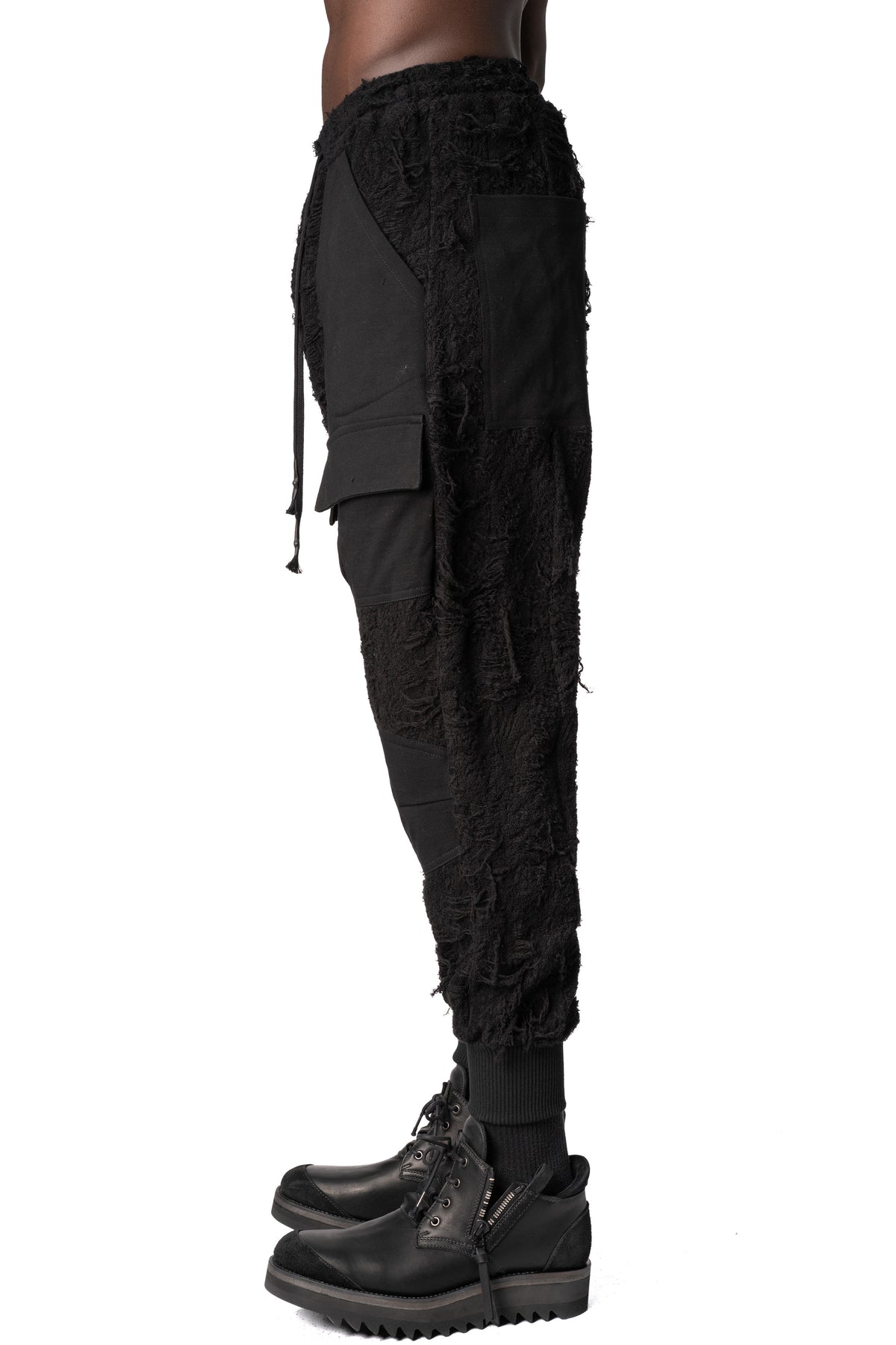 Distressed pile jogger trousers, Black