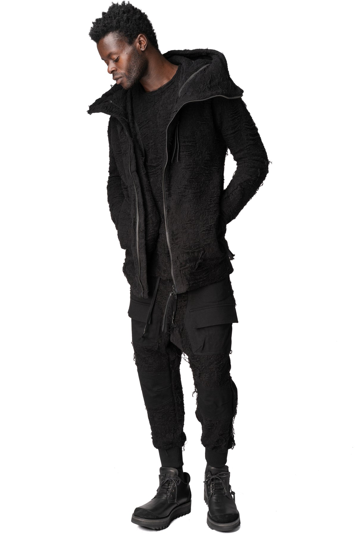 Distressed terry zip hoody, Black