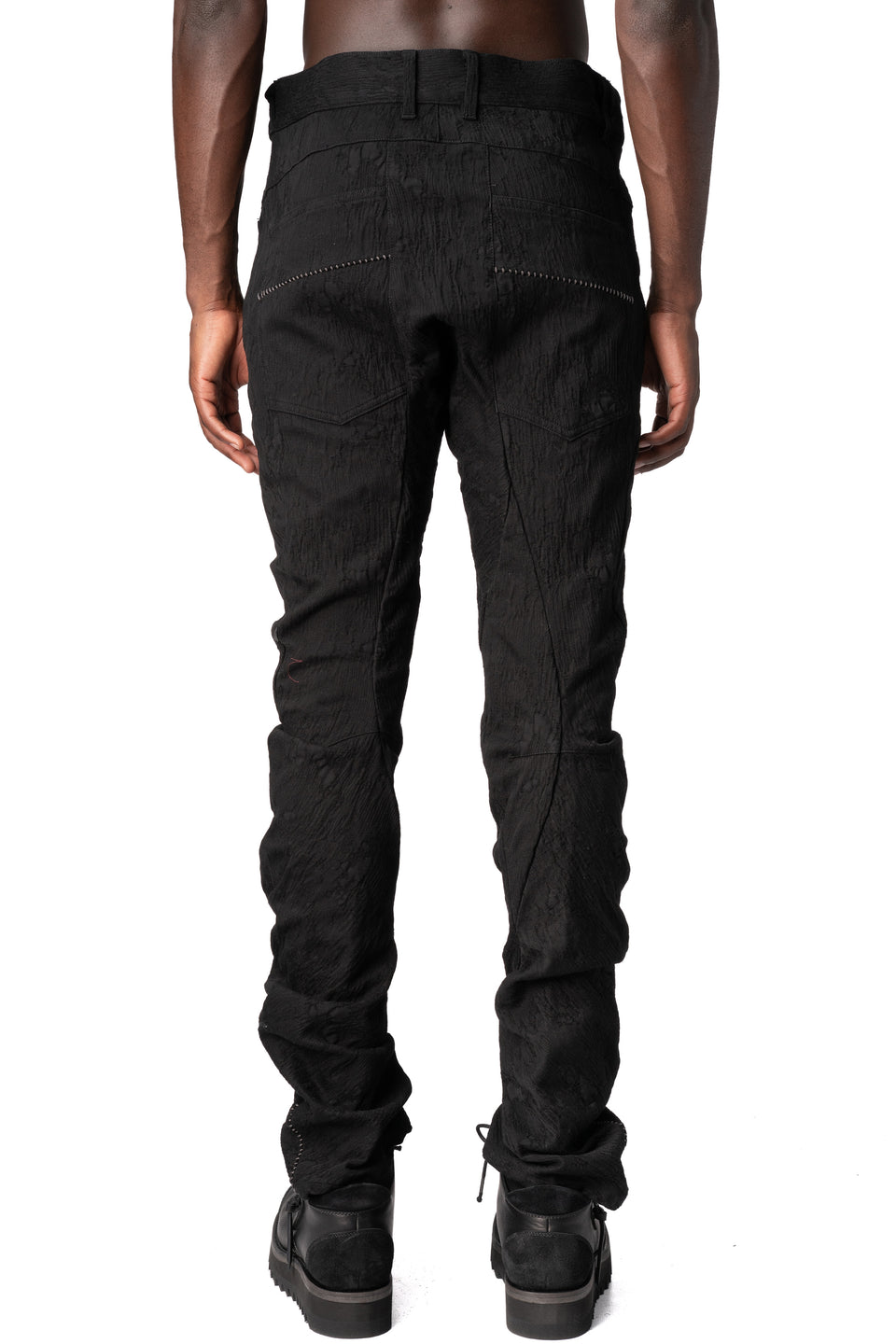 Distressed jacquard twisted curved trousers, Black