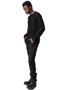 Distressed jacquard twisted curved trousers, Black