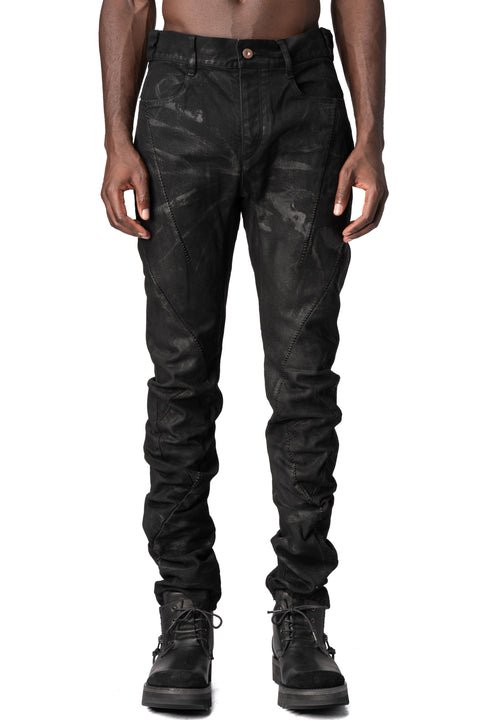Coated stretch denim overlock twisted curved trousers, Black