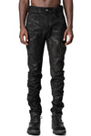 Coated stretch denim overlock twisted curved trousers, Black