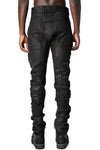 Coated stretch denim overlock twisted curved trousers, Black