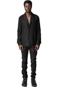 Coated stretch denim overlock twisted curved trousers, Black