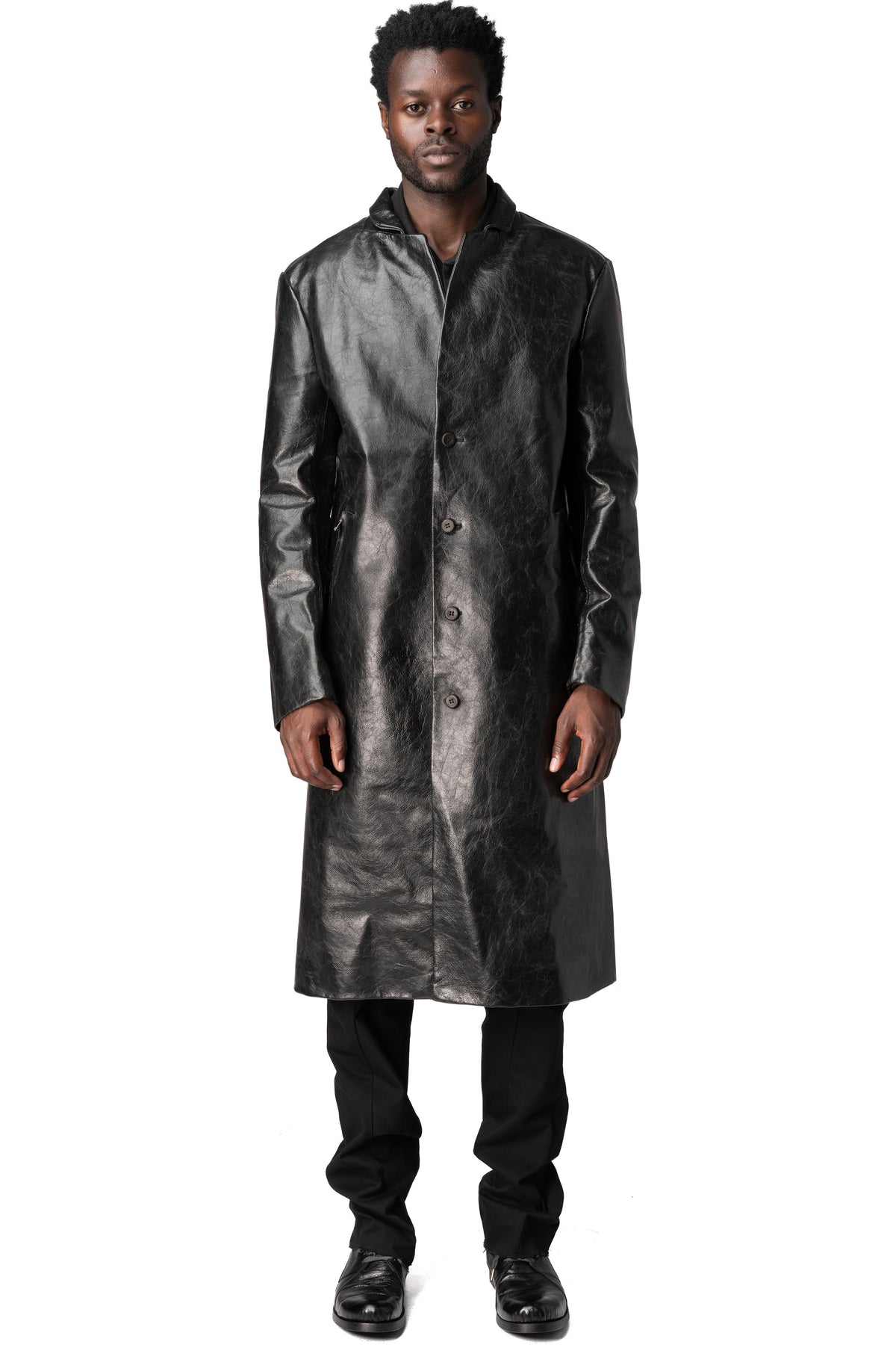 Calfskin leather long coat