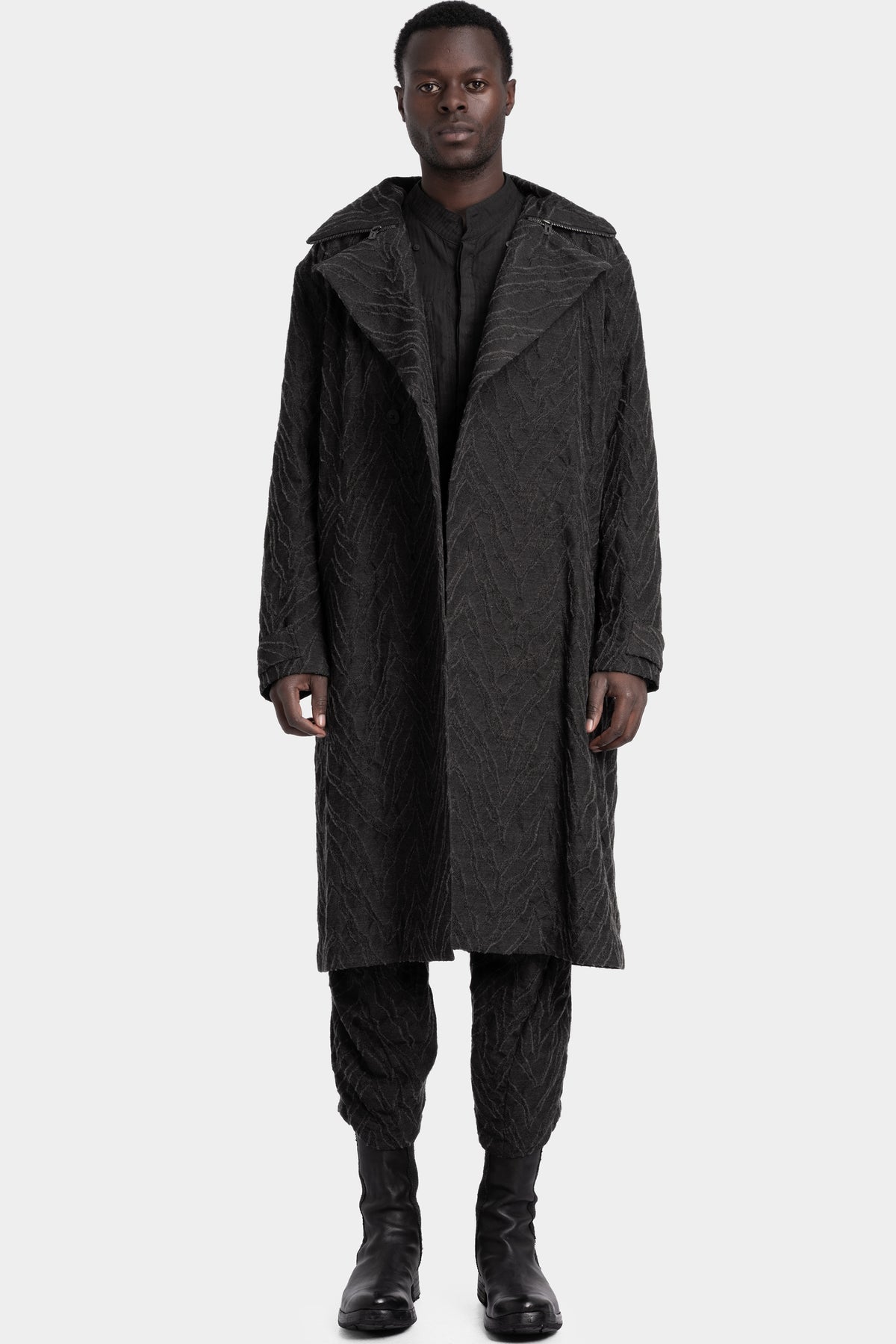 Deformed Herringbone Jacquard Double-Breasted Coat
