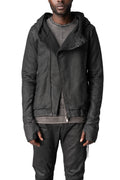 Asymmetric zip coated hooded sweatshirt, Black Leather