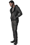 Asymmetric zip coated hooded sweatshirt, Black Leather