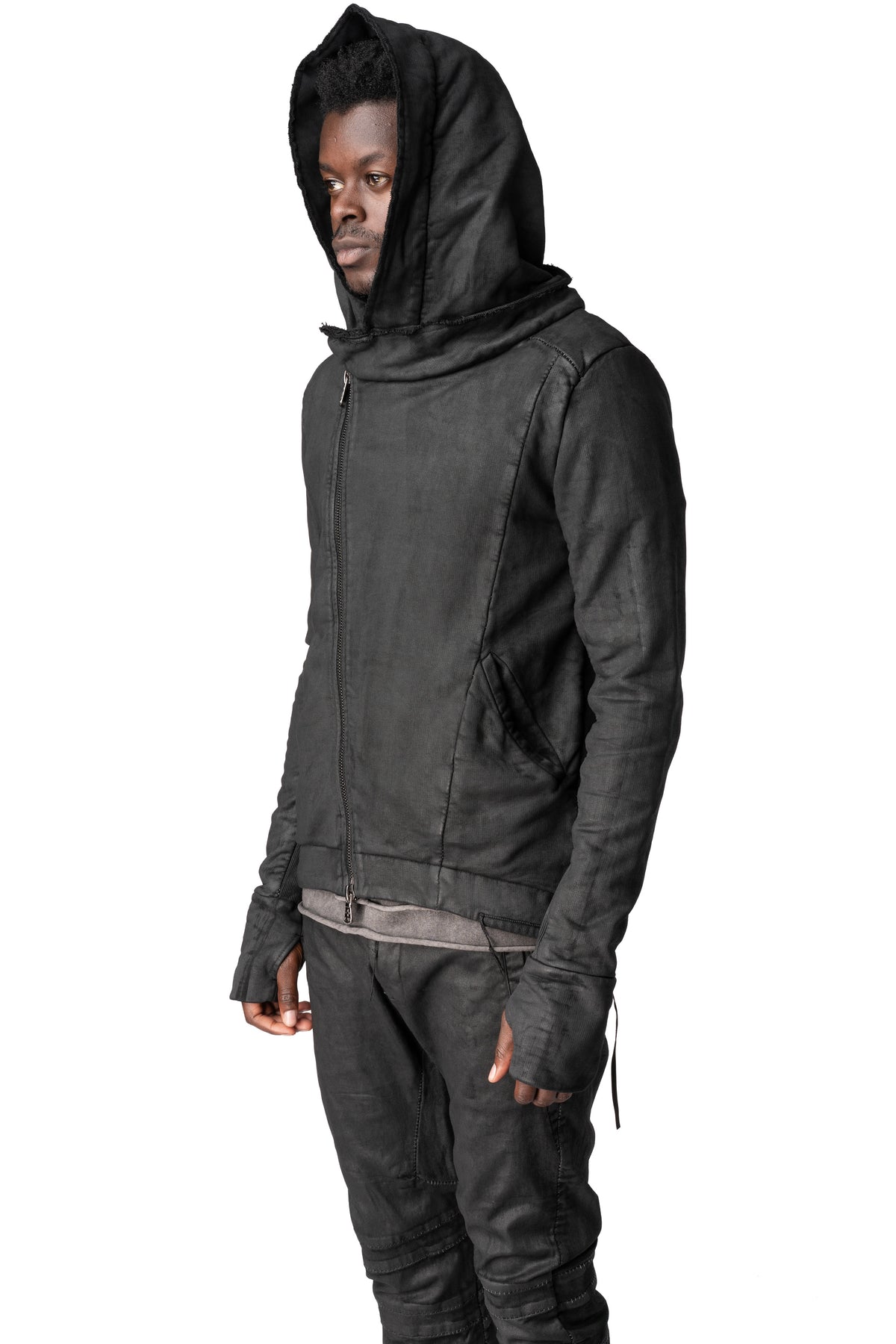 Asymmetric zip coated hooded sweatshirt, Black Leather