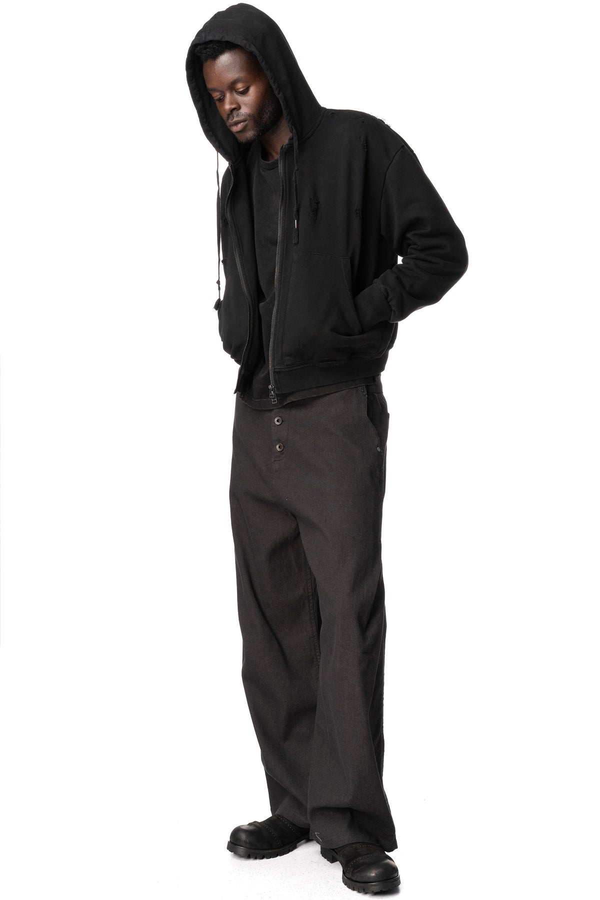 Distressed Zip Up Sweat Jacket, Black
