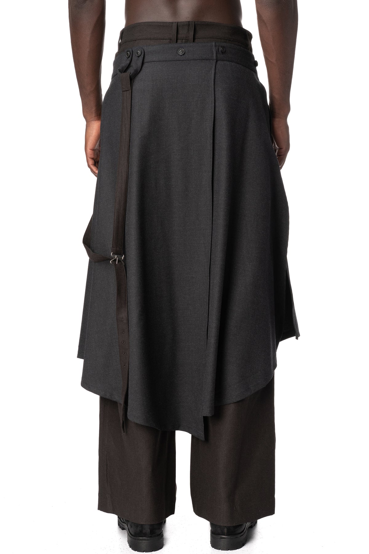 Asymmetric Suspender Skirt-Panel Pants, Brown