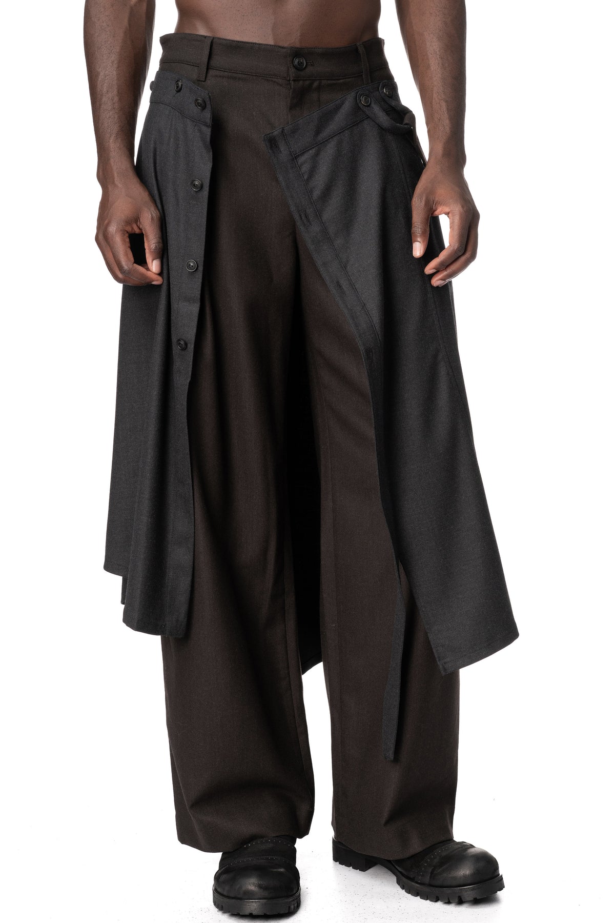 Asymmetric Suspender Skirt-Panel Pants, Brown