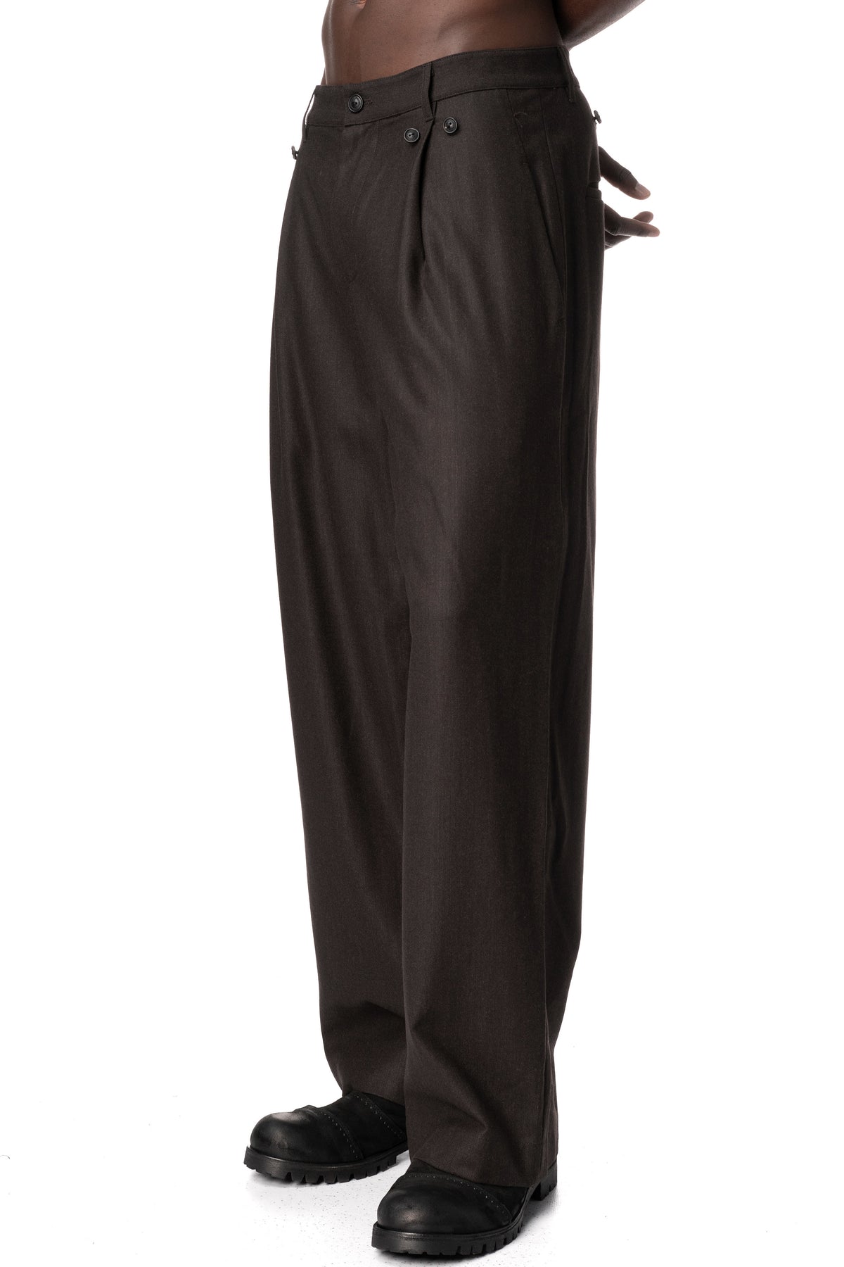 Asymmetric Suspender Skirt-Panel Pants, Brown