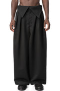 Foldable Waist Embroidered Trousers, Black