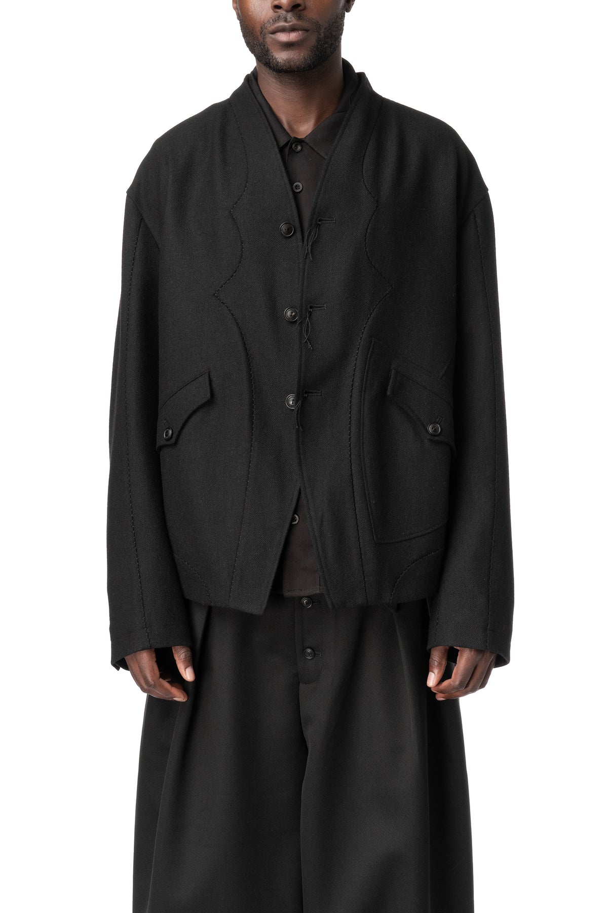 Overlock Mandarin Collar Blazer, Black