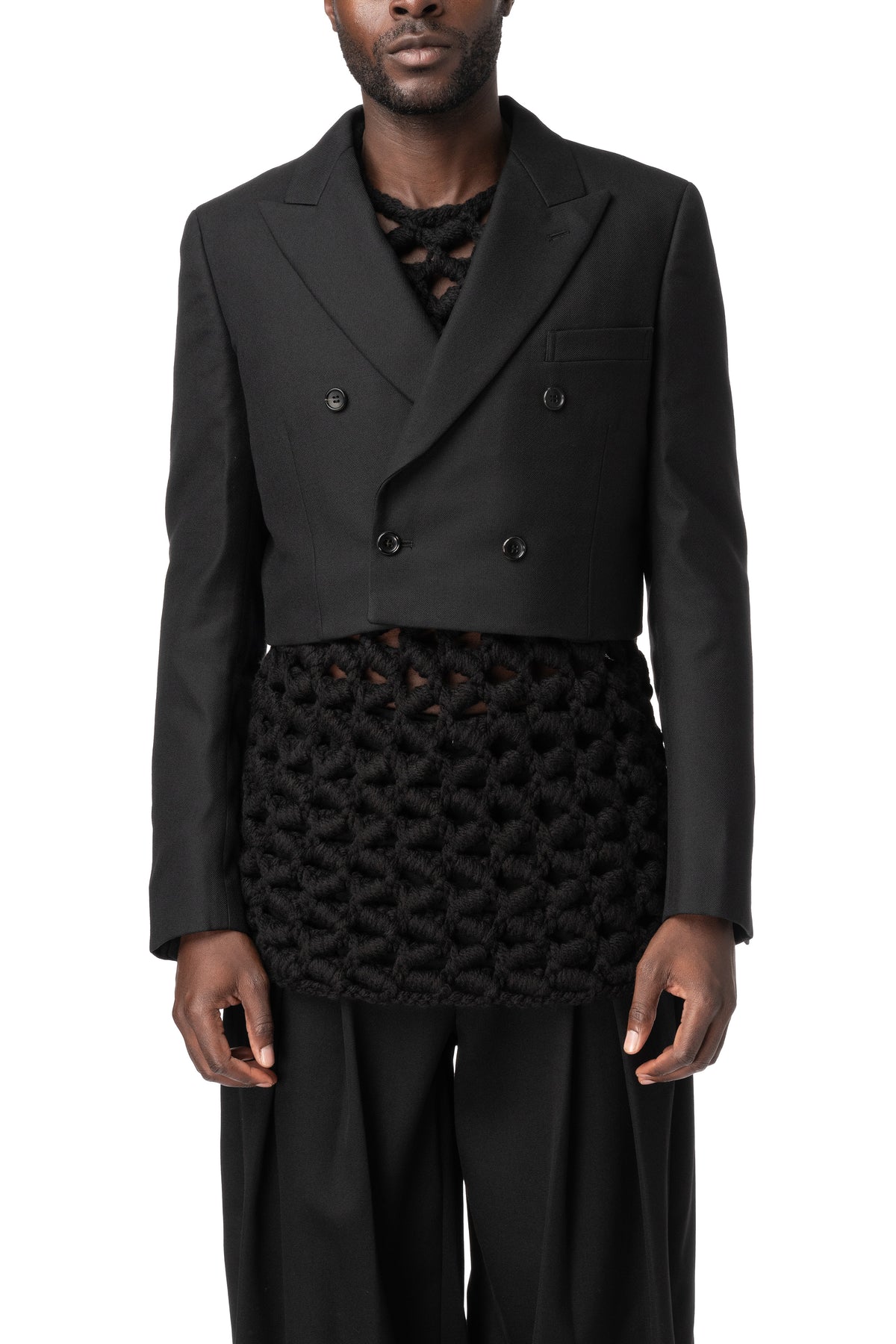 Cropped double-breasted wool blazer, Black