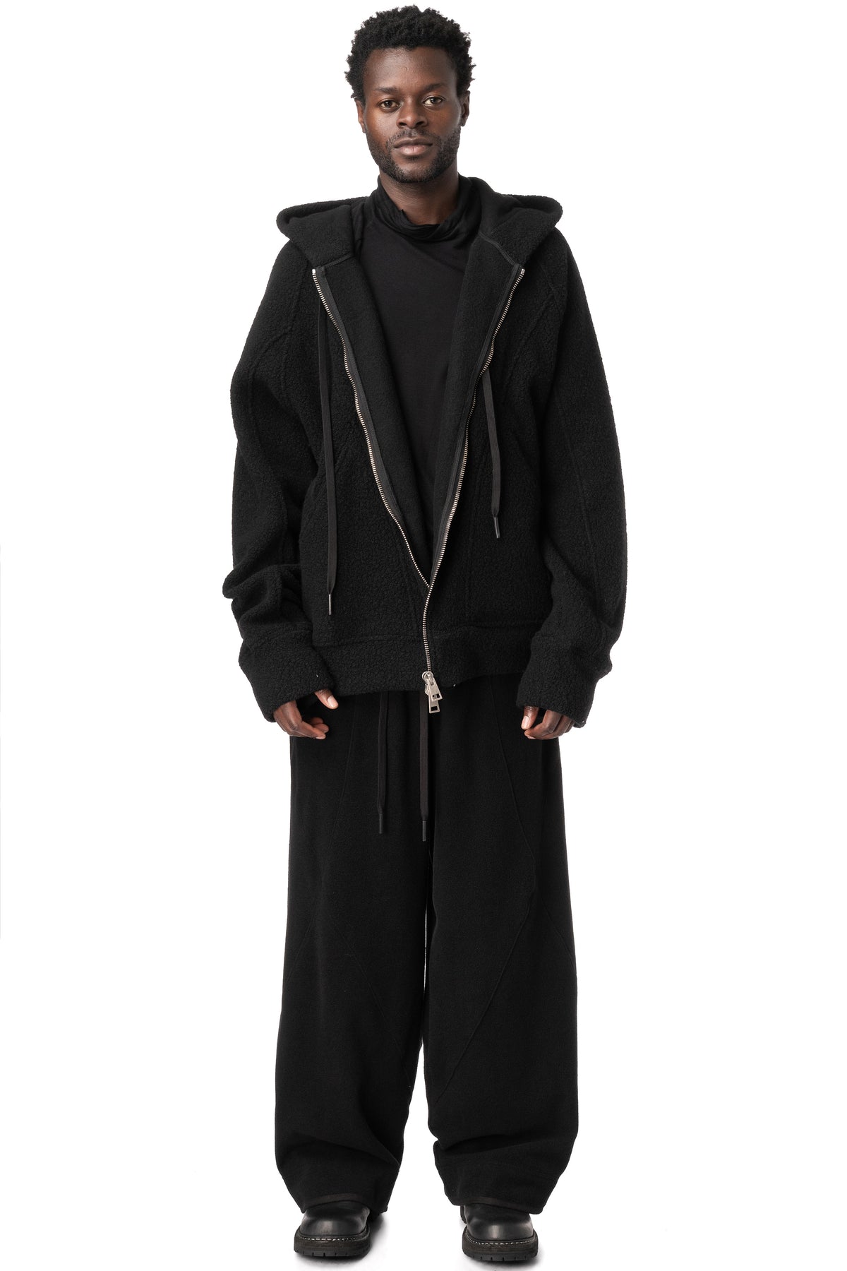 Zipped hooded wool jacket, Black